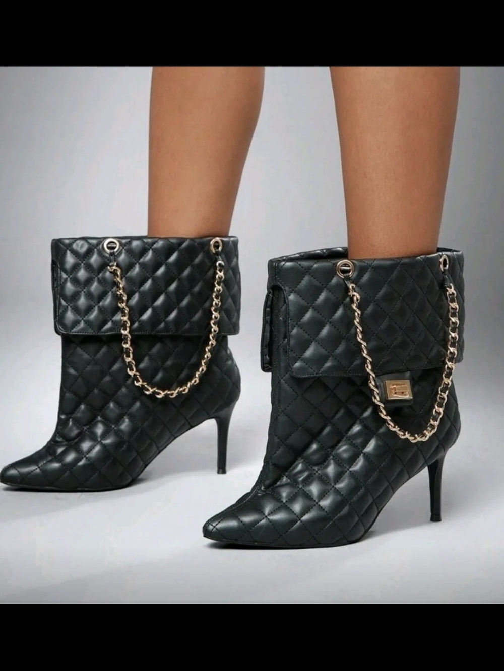 Quilted Chain-Trim Black Stiletto Ankle Boots